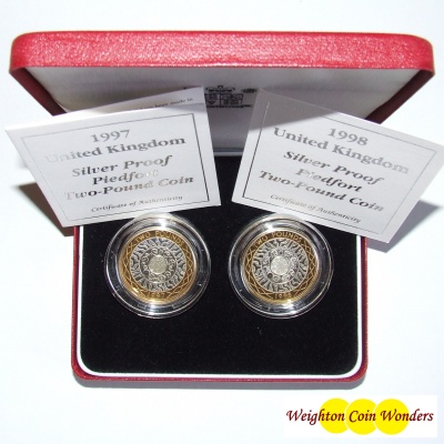 1997 and 1998 Silver Proof PIEDFORT £2 Coin Set